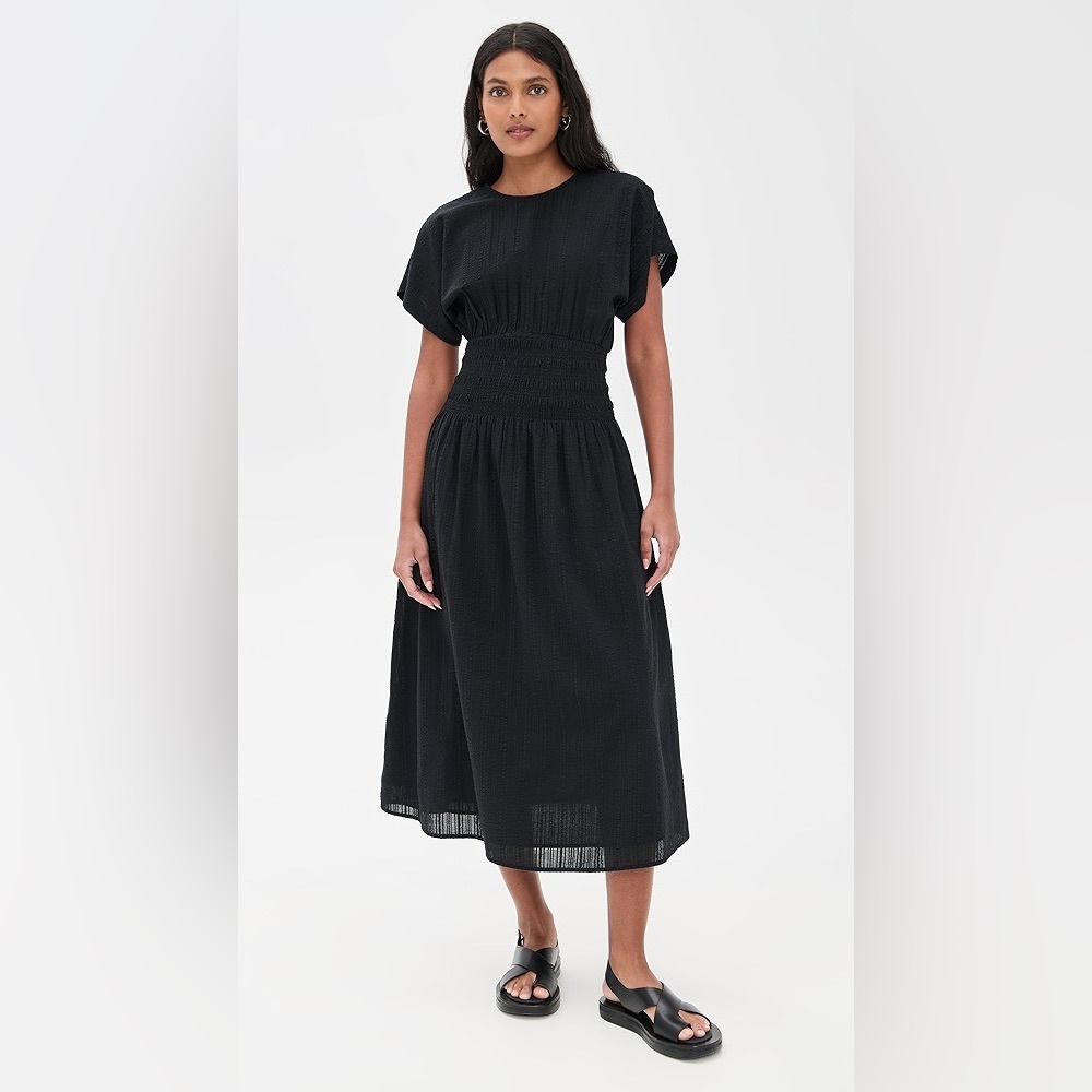NWT Madewell Varya Smocked Waist Seersucker Black Midi Dress